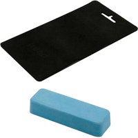 Black leather strop with blue honing paste block for sharpening tools.