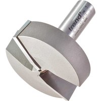 Trend large bevel panel raiser router cutter, silver with sharp angled edges and cylindrical shank.