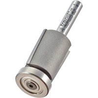 Trend Low Profile Trimmer Bearing Guided Router Cutter with silver cylindrical body and engraved branding on the shaft.