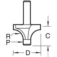 Trend Pin Guided Round Over Cutter, black and silver with a cylindrical shank and curved cutting edge.