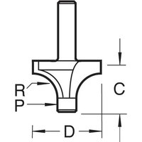 Black and white diagram of Trend round over cutter with pin guide, showing dimensions and curved cutting edge.