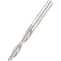 Silver Trend mini spiral downcut router cutter with engraved text and smooth, twisted design.