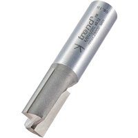 Two flute straight router cutter, silver cylindrical body, engraved Trend logo, sharp cutting edges.
