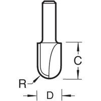 "Trend router bit with 4.8mm radius, 9.5mm diameter, cylindrical shank, and cutting edge diagram"
