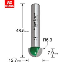 Trend Radius router bit, 48.5mm length, 12.7mm diameter, 6.3mm radius, silver with green tip, 8mm shank.
