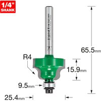 Trend Roman Ogee router bit, green body, 4mm radius, 15.9mm cut, 1/4" shank, silver shaft with measurements.