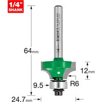 Router bit with green body, 6.0mm radius, 12mm cut, 1/4" shank, by Trend, labeled dimensions.