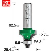 Trend Rounding Over bit, silver with green base, 6.3mm radius, 12.7mm cut, 1/2" shank, labeled dimensions.