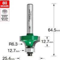 Trend Rounding Over bit with 6.3mm radius, 12.7mm cut, green body, silver shank, and 8mm shank diameter.