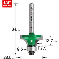 Trend rounding over cutter with 7.9mm radius, 12.7mm cut, green body, silver shank, and 1/4" shank label.