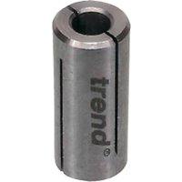 Cylindrical metal Trend router collet reduction sleeve with slit and engraved logo.