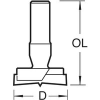 Black and white diagram of Trend router machine bit with cylindrical shank and cutting edge at the base.