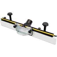 Trend Router Table Back Fence with silver body, black knobs, yellow stripe, and central dust extraction port.