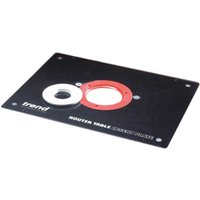 Black Trend router table insert plate with red and white rings and mounting holes.