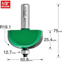 Trend Self Guided Radius cutter, 19.1mm, green body, silver shank, 1/2" shank, with measurement labels.