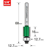Trend self-guided trimmer, 12.7mm diameter, silver shaft, green body, with 1/4 inch shank and measurements displayed.