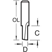 Black and white diagram of Trend single flute cutter, 5mm diameter, with labeled dimensions and cylindrical shape.