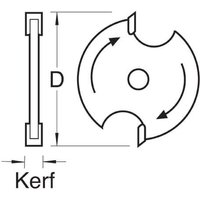 Trend Slotter 2.5mm Kerf, 1/4" bore, circular blade with two cutting edges and central hole, black and silver design.