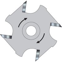 Circular silver slotter blade with 5mm kerf, 12mm bore, and four cutting teeth by Trend.