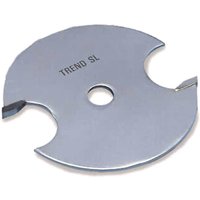 Round silver Trend slotter blade with two cutting edges and a central hole for 1/4 bore arbor.