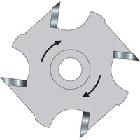 Circular silver slotter blade with four sharp teeth and a central 12mm bore, marked with directional arrows.