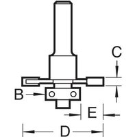 Trend slotting cutter, 10mm cut, single piece, cylindrical shank, labeled dimensions B, C, D, E for measurements.