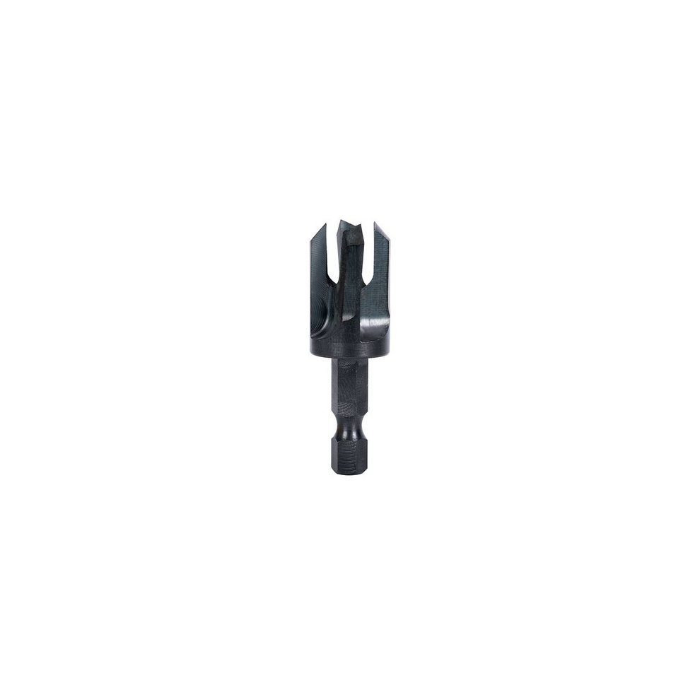 Black metal plug cutter with a 3/8 inch diameter, featuring sharp, pointed cutting edges and a hexagonal shank for secure attachment to power tools.