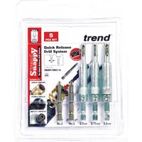 "Trend Snappy 5 Piece Drill Bit Guide set with quick release system, includes various sizes in clear plastic packaging"