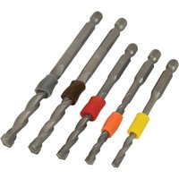 Trend Snappy 5 Piece Hex Shank Masonry Drill Bit Set with color-coded rings and spiral flutes, various sizes.