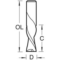 Trend spiral down-cut bit, 3.96mm diameter, single piece, with a twisted flute design and cylindrical shank.