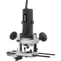 Black and silver Trend T4EK 1/4 plunge router with dual handles and adjustable depth gauge.