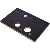 Black Trend cabinet door hinge template jig with circular cutouts and adjustable slider.