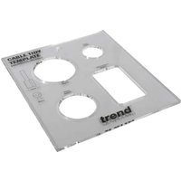 Clear plastic Trend cable tidy insert template with circular and rectangular cutouts.