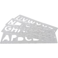 Clear plastic templates with uppercase letters, 57mm size, by Trend, arranged in overlapping layers.