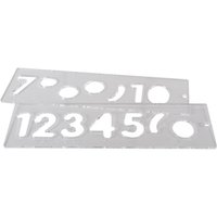Clear plastic number templates with cut-out digits 0-9, designed for precise 57mm numeral marking.