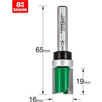 Trend 16.0mm diameter profile cutter with 8mm shank, silver body, and green cutting edge, labeled dimensions.
