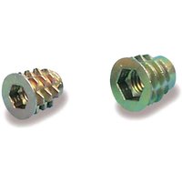 "Metal Trend threaded insert for wood, hexagonal socket, spiral outer threads, gold finish, set of two."
