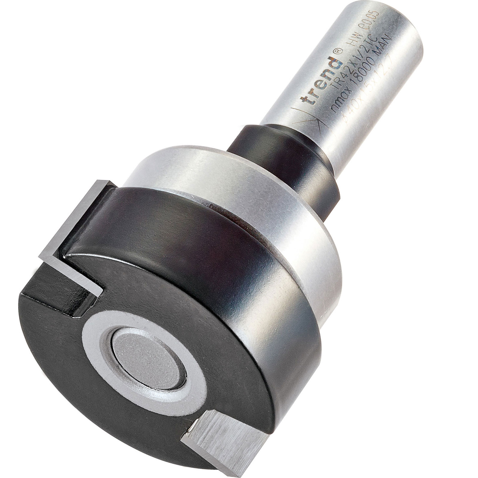 Bearing-guided intumescent router cutter with a shiny steel shaft, black cutting head, and a distinctive circular bearing for precision routing.