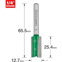 Trend two flute router bit, 12.7mm diameter, 25mm cut, silver shank, green body with measurement scale.