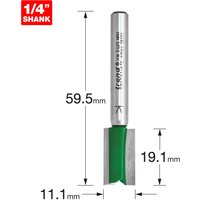 Silver Trend two flute cutter, 11.1mm diameter, 1/4" shank, with green cutting edge and measurement details.