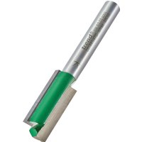 Trend two flute cutter, 11.1mm diameter, silver and green, cylindrical shank, sharp cutting edges.