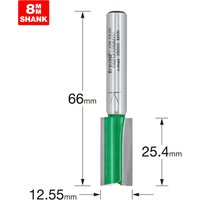 Trend two flute cutter, 12.55mm diameter, silver shaft, green cutting edge, 8mm shank, 66mm length.