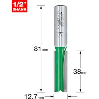 Trend two flute cutter, 12.7mm diameter, silver and green design, 1/2 inch shank, 81mm length.