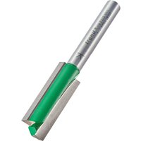 Two flute cutter with 12mm diameter, silver body, green coating, and sharp cutting edges.