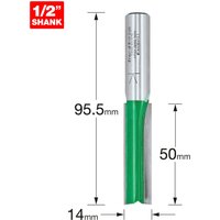 Silver and green Trend two flute cutter, 14mm diameter, 95.5mm length, with 1/2 inch shank and cutting edge.