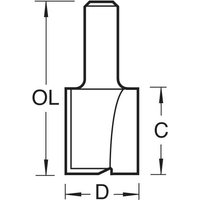 Diagram of Trend two flute cutter, 17mm diameter, cylindrical shank, single cutting edge, labeled dimensions.
