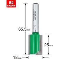 Trend two flute cutter, 18mm diameter, silver shank, green cutting edge, 65.5mm length, 8mm shank size.