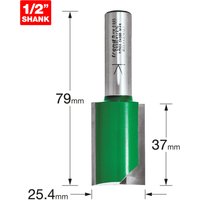 Two flute cutter with 25.4mm diameter, green body, silver shank, and 37mm cutting length by Trend.