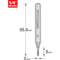 Trend two flute cutter, 2mm diameter, silver with engraved text, 55.5mm length, 1/4 inch shank.