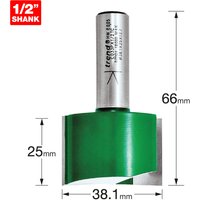 Trend two flute cutter, 38.1mm diameter, silver shank, green cutting head, 1/2" shank, 66mm length.